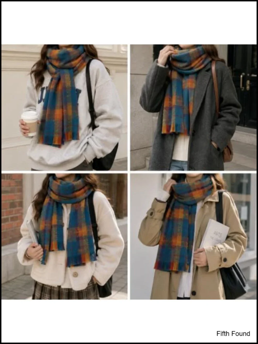 Oversized Plaid Winter Scarf Shawl Wrap with Tassel Fringe